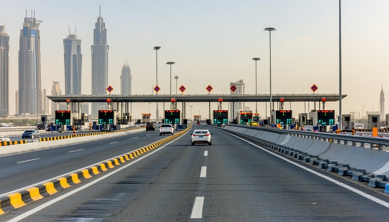 Modern Dubai highway with electronic toll gates