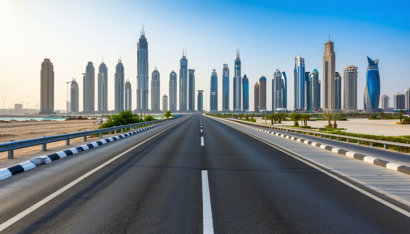 Dubai skyline with seamless road transportation